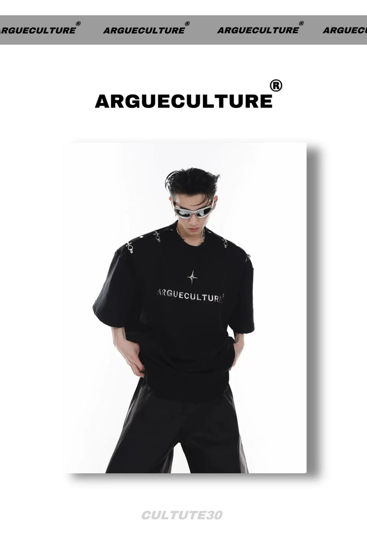 Gender - Neutral Loose T - Shirt with Airplane Buckle & Adjustable Off - Shoulder - ArguE CulturE