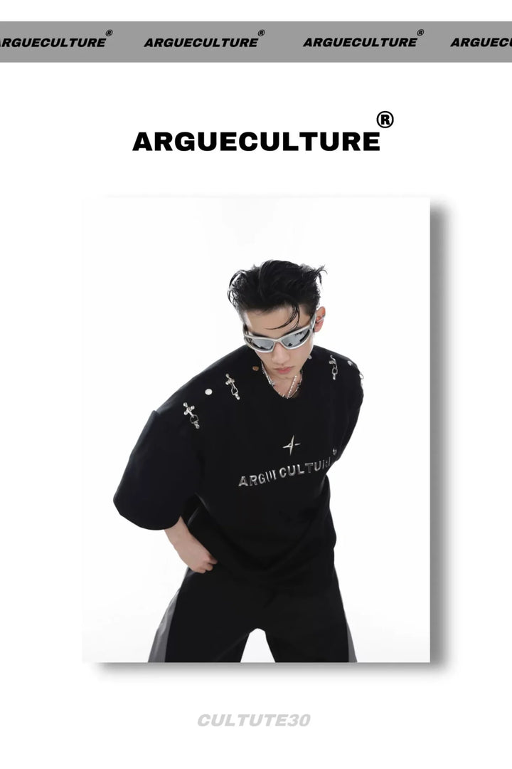 Gender - Neutral Loose T - Shirt with Airplane Buckle & Adjustable Off - Shoulder - ArguE CulturE