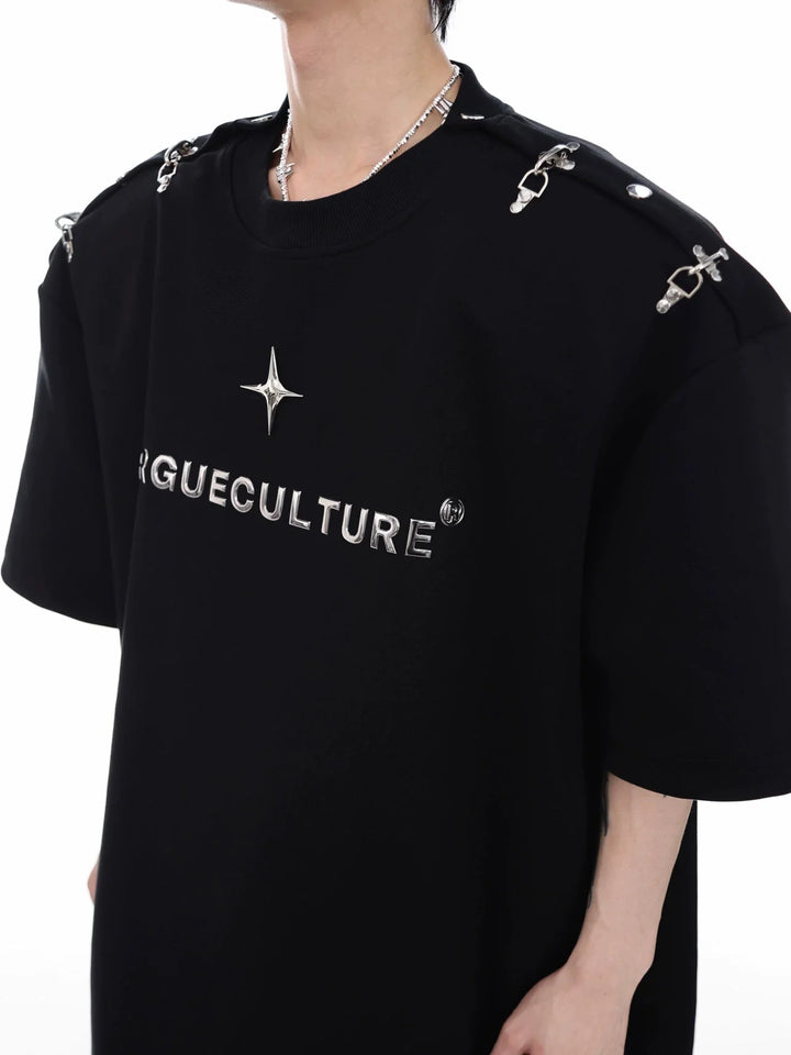 Gender - Neutral Loose T - Shirt with Airplane Buckle & Adjustable Off - Shoulder - ArguE CulturE