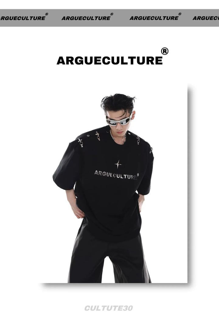 Gender - Neutral Loose T - Shirt with Airplane Buckle & Adjustable Off - Shoulder - ArguE CulturE