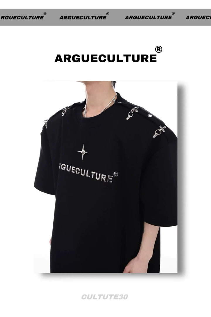 Gender - Neutral Loose T - Shirt with Airplane Buckle & Adjustable Off - Shoulder - ArguE CulturE