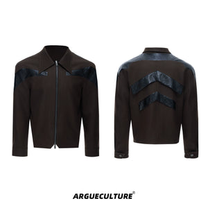 glossy-deconstructed-patchwork-cropped-jacket-for-unisex-brown-top