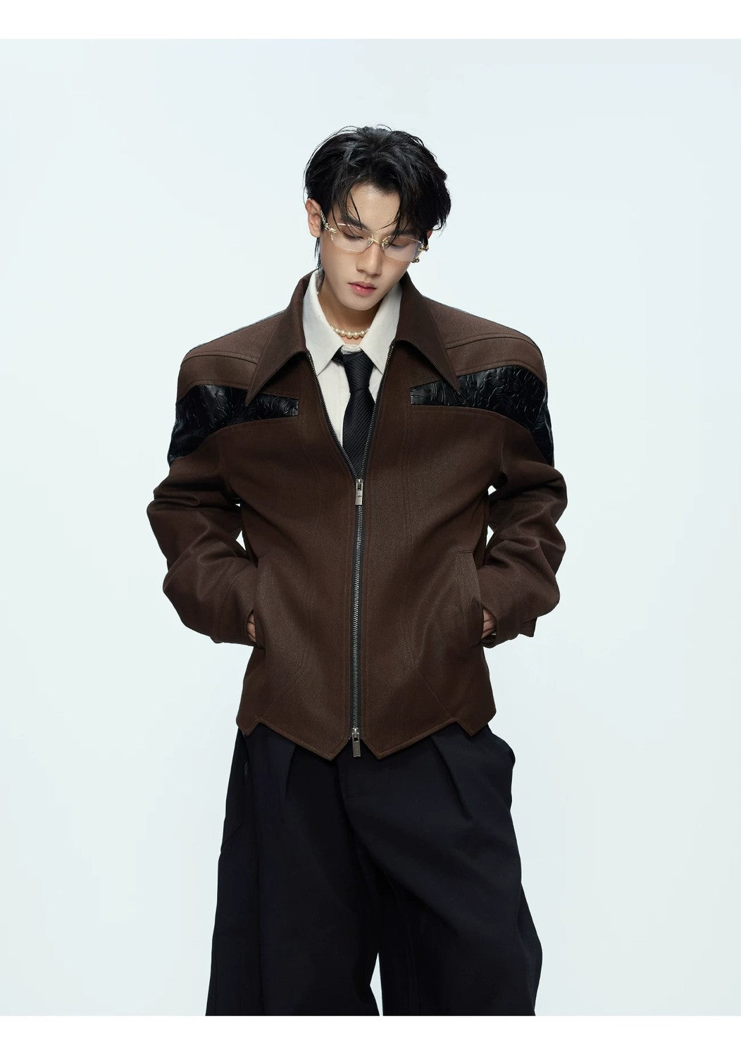 desc::glossy-deconstructed-patchwork-cropped-jacket-for-unisex-detail-img-8