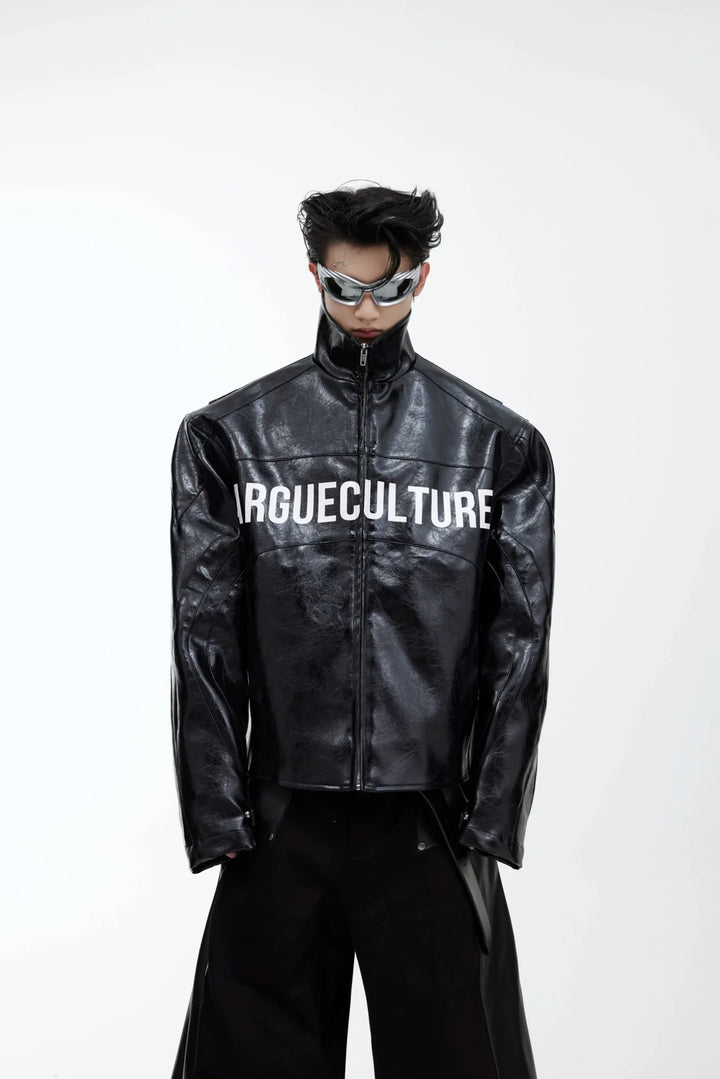 Glossy Patent Leather Short Jacket | Avant - Garde Fashion Letter Print Biker Coat - ArguE CulturE