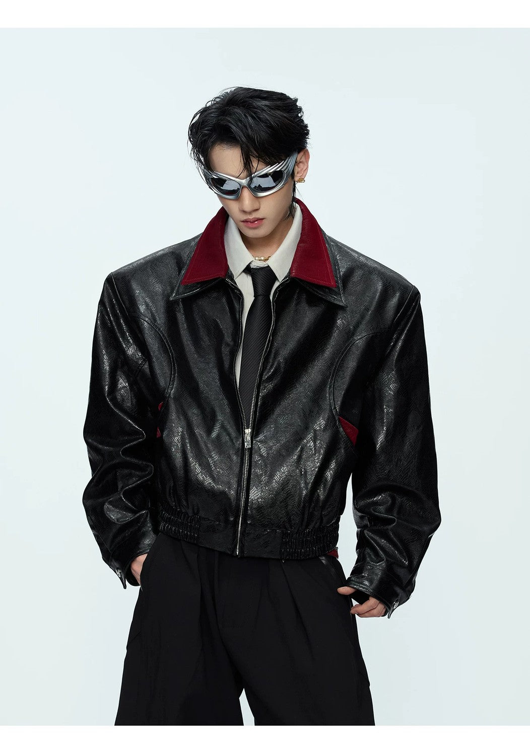desc::glossy-snakeskin-patchwork-moto-jacket-streetwear-detail-img-6