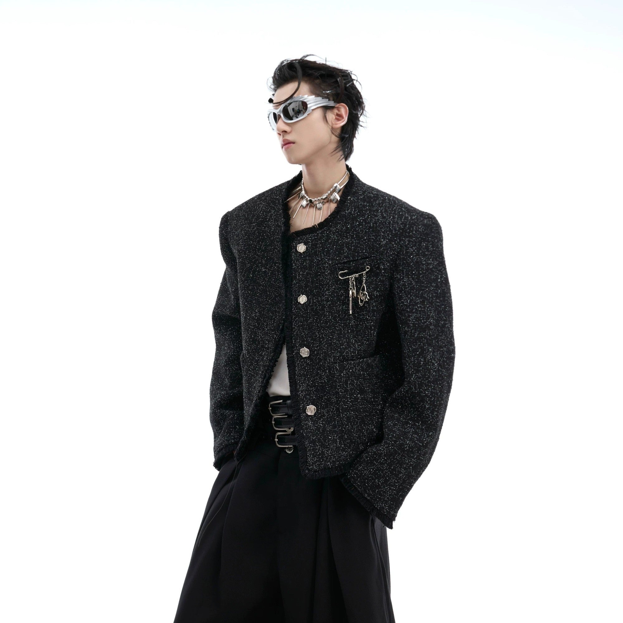 Front view of a men's glossy black textured tweed jacket with button closure