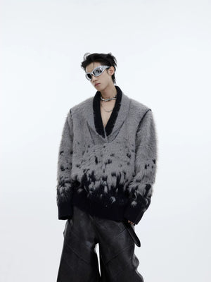 gradient-faux-mink-v-neck-loose-streetwear-sweater-green