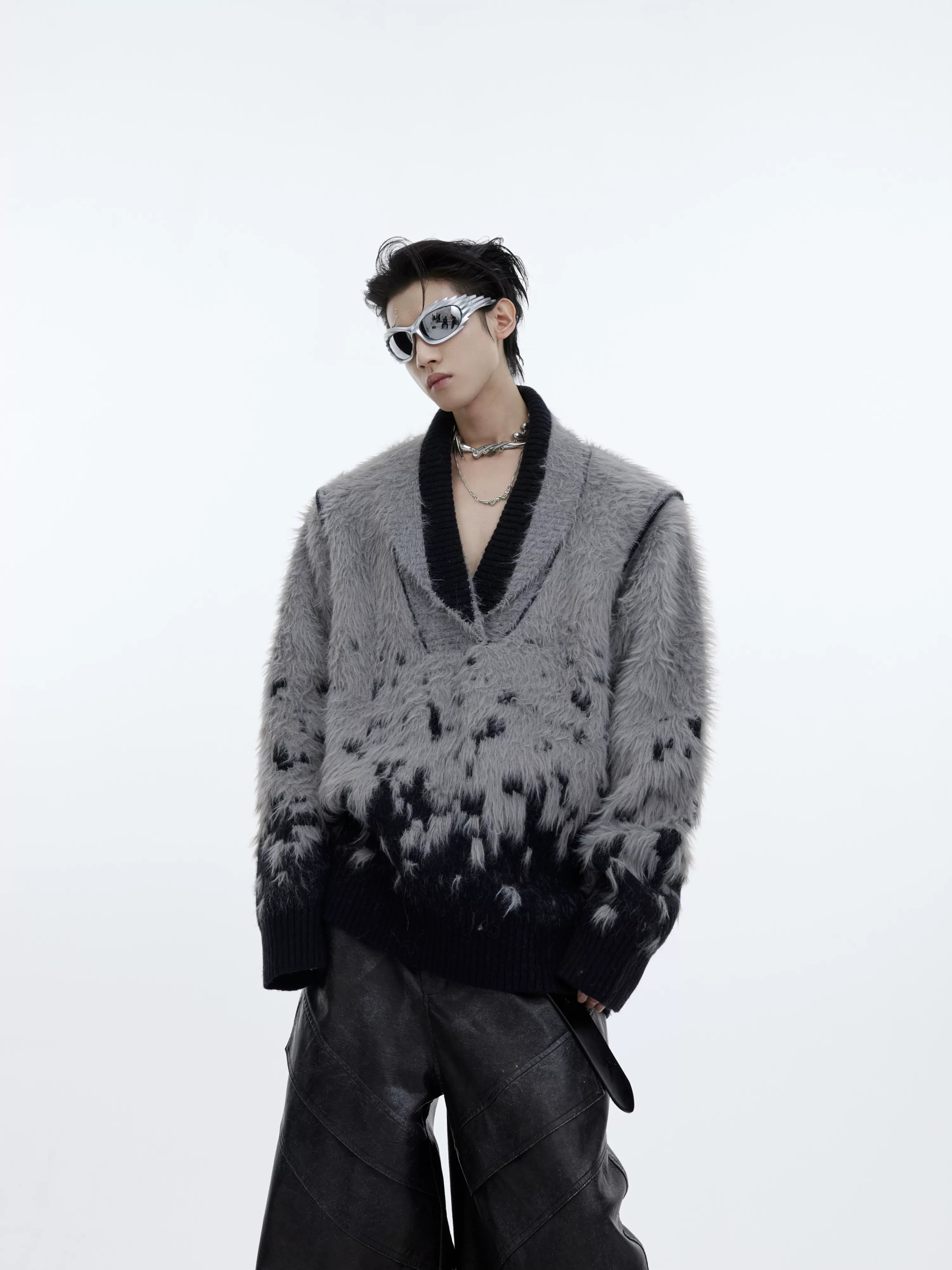 gradient-faux-mink-v-neck-loose-streetwear-sweater-green