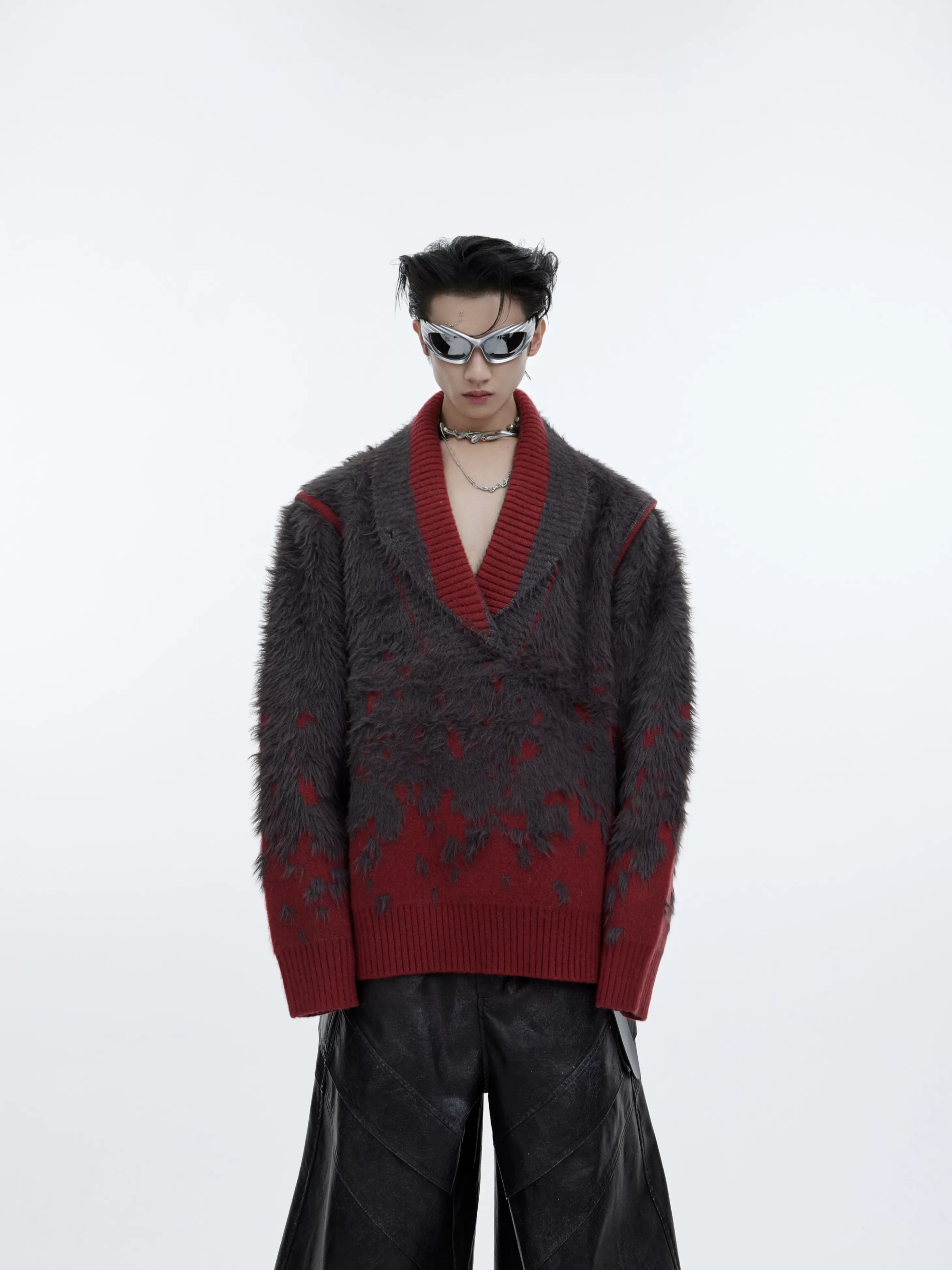 gradient-faux-mink-v-neck-loose-streetwear-sweater-red