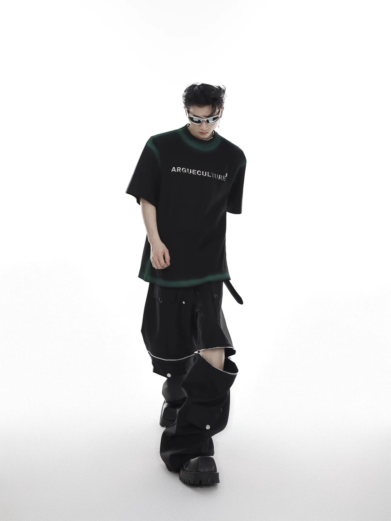 Unisex oversized fit demonstration of the futuristic metal print shirt