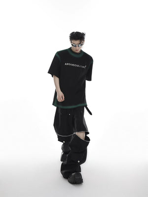 Unisex oversized fit demonstration of the futuristic metal print shirt