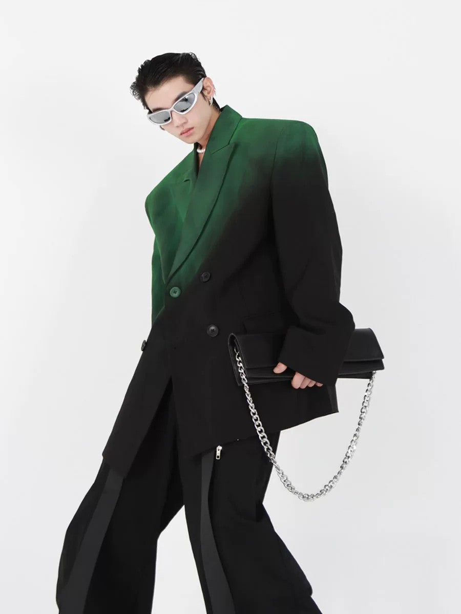 Front view of a black and green gradient oversized streetwear blazer