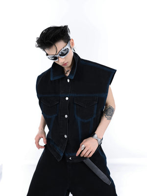 gradient-spray-paint-sleeveless-denim-set-for-men-black-pants