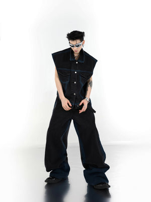 Men's blue gradient spray paint sleeveless denim vest and pants set front view
