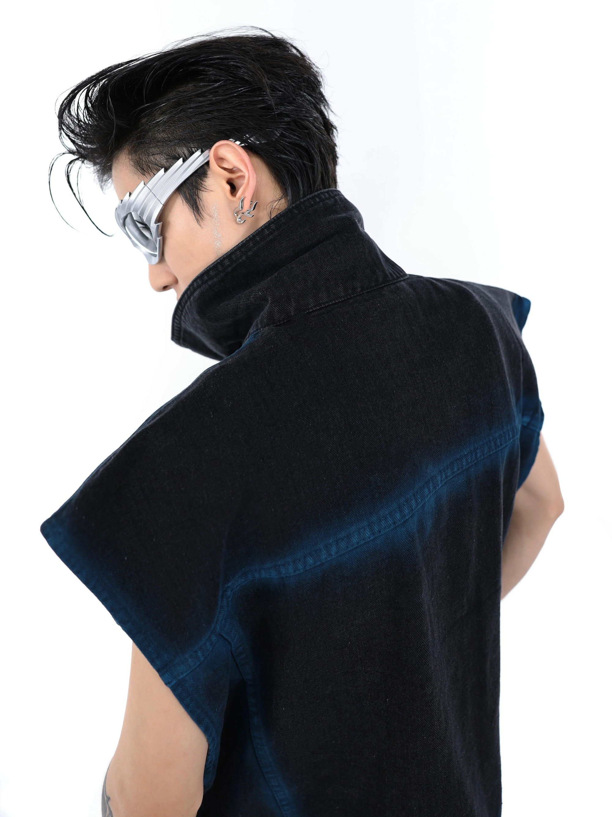 Back view of the retro futuristic gradient denim vest for men