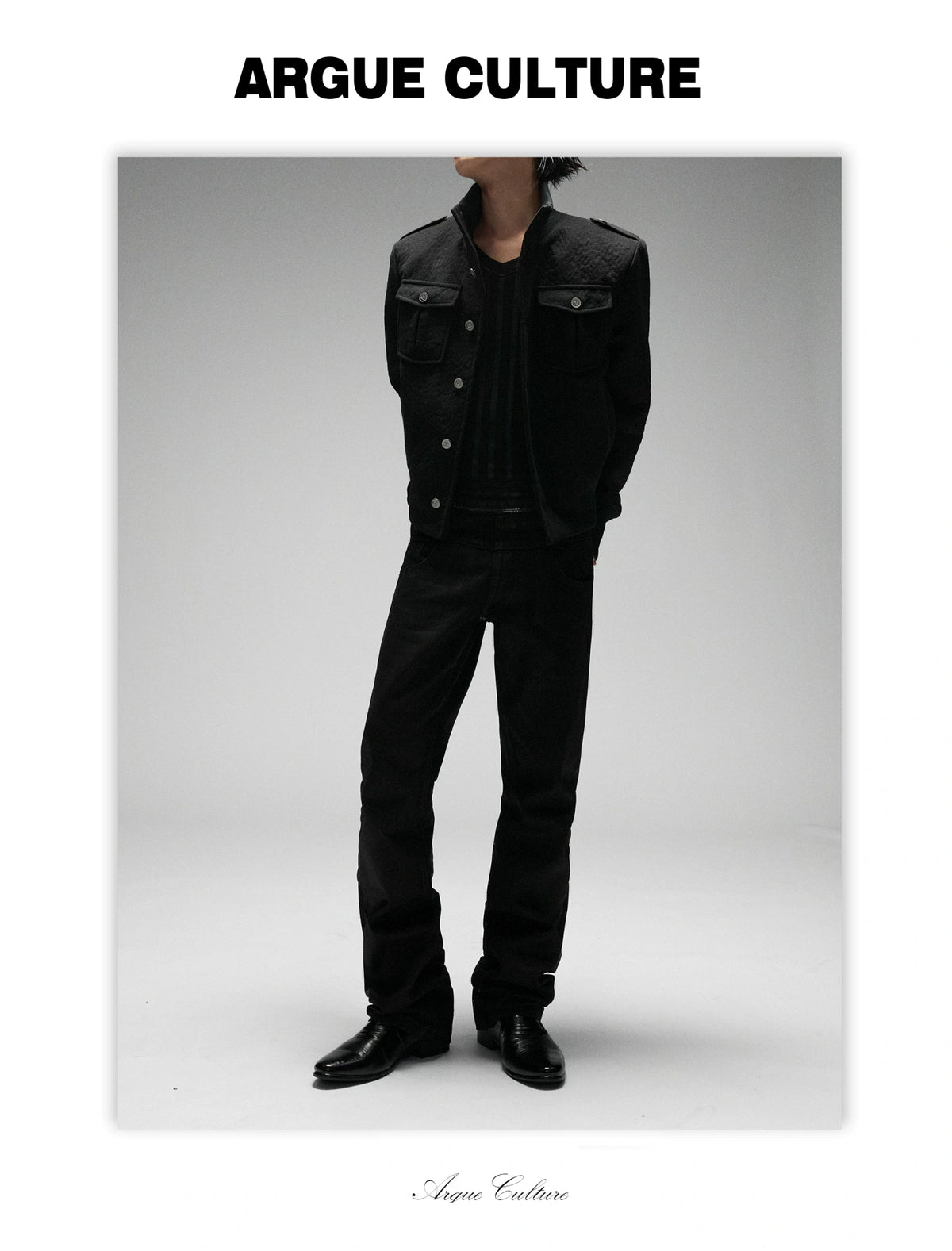 Granular Wool-Blend Military Stand-Collar Jacket, Black - detail image 5