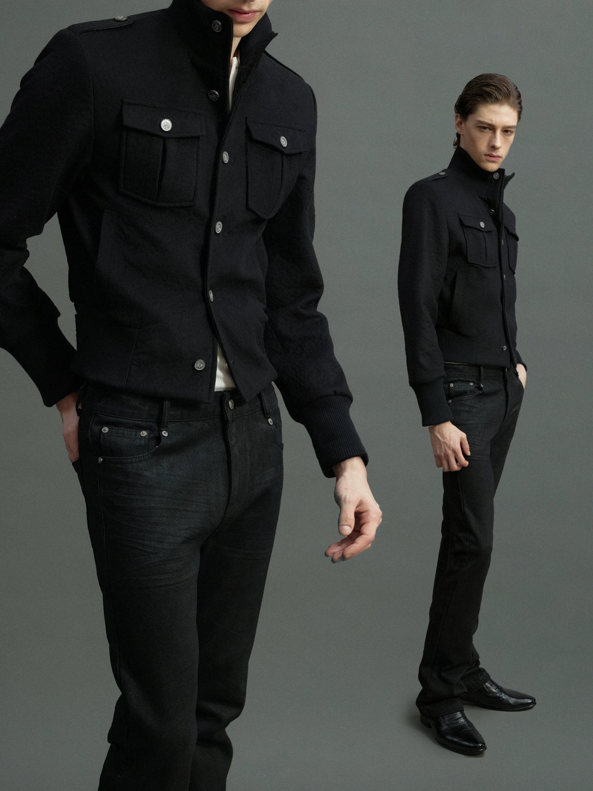 Granular Wool-Blend Military Stand-Collar Jacket, Black - main image 1