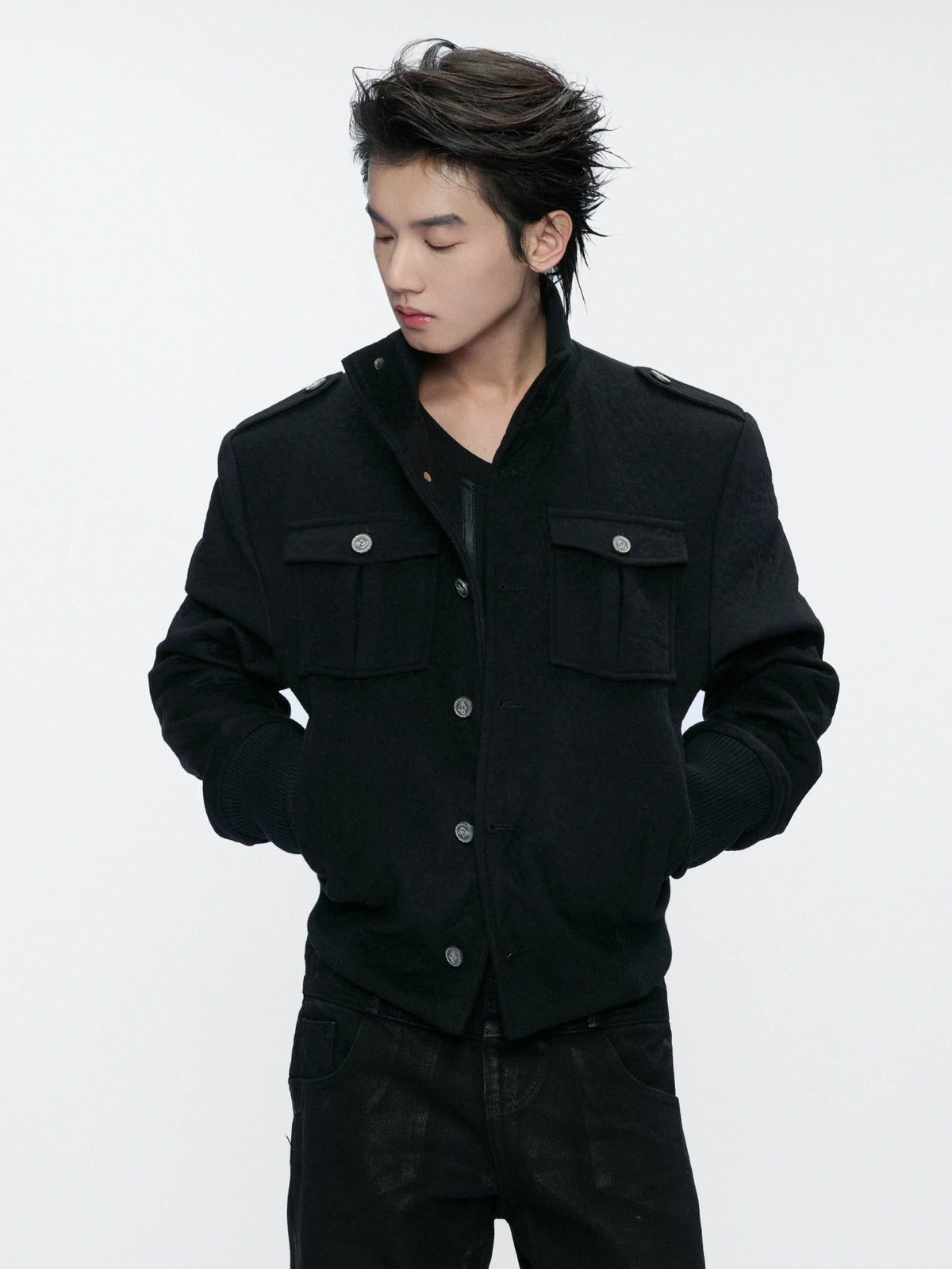 Granular Wool-Blend Military Stand-Collar Jacket, Black - main image 5