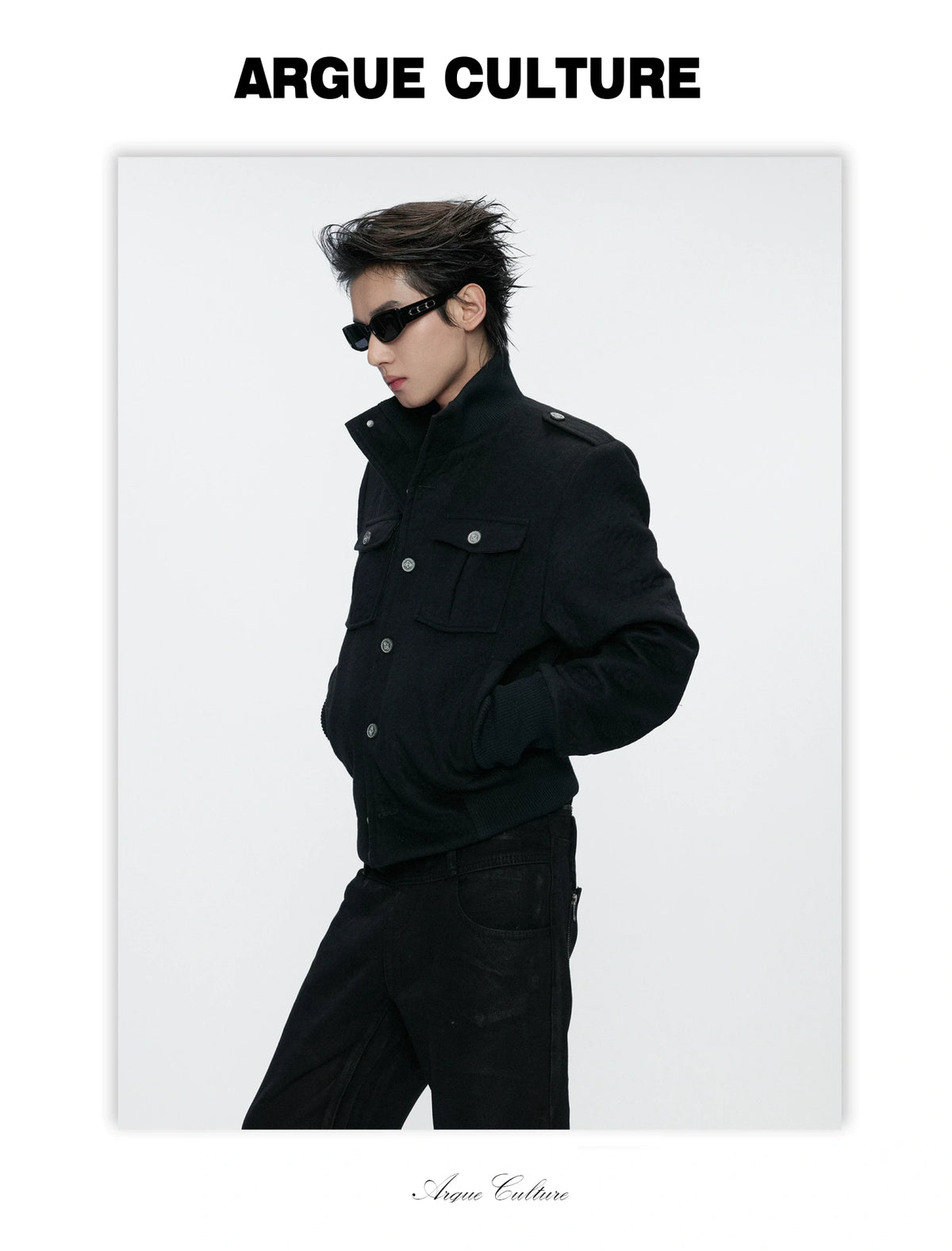 Granular Wool-Blend Military Stand-Collar Jacket, Black - detail image 14