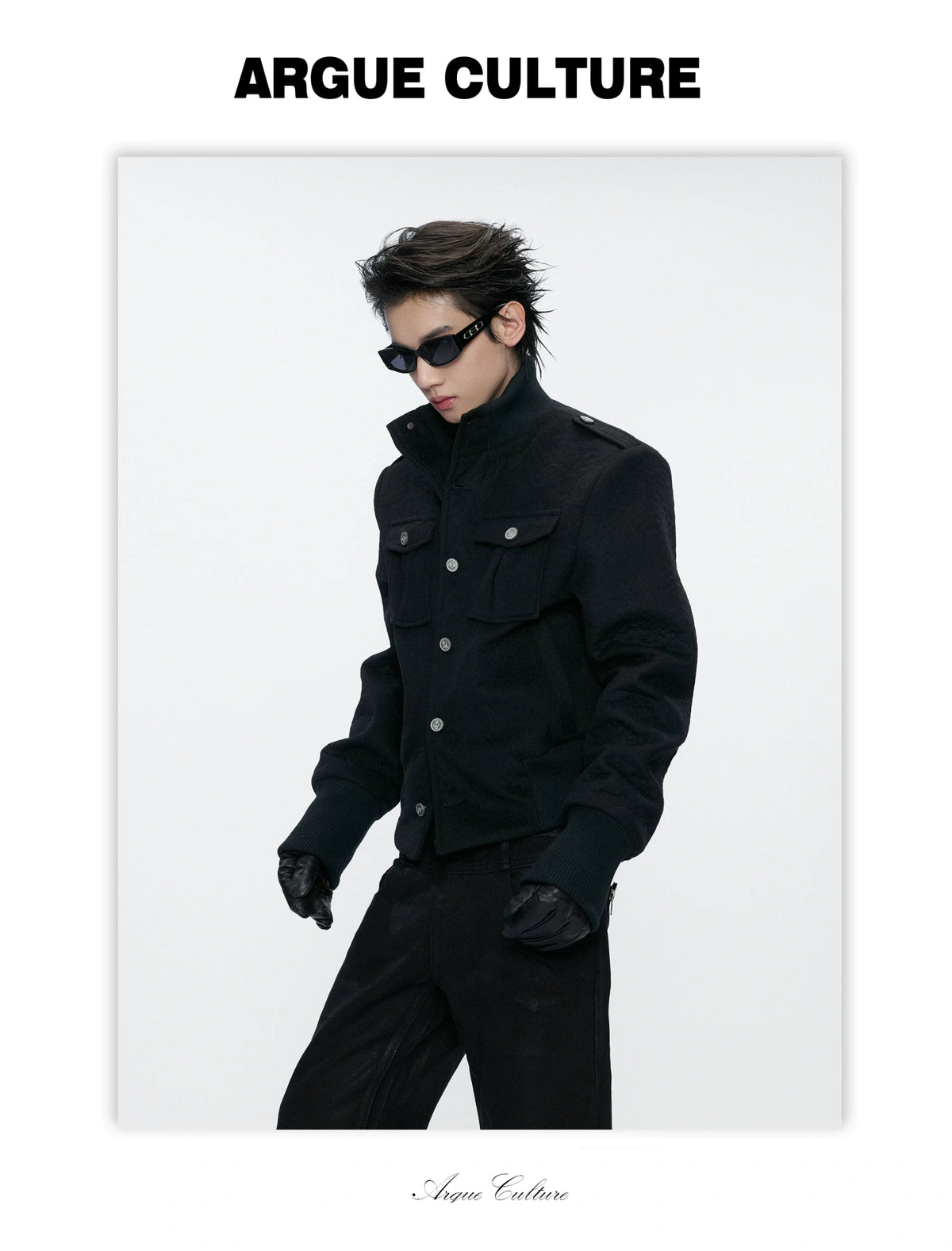 Granular Wool-Blend Military Stand-Collar Jacket, Black - detail image 12