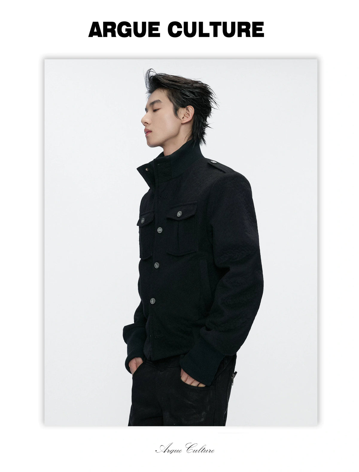 Granular Wool-Blend Military Stand-Collar Jacket, Black - detail image 11