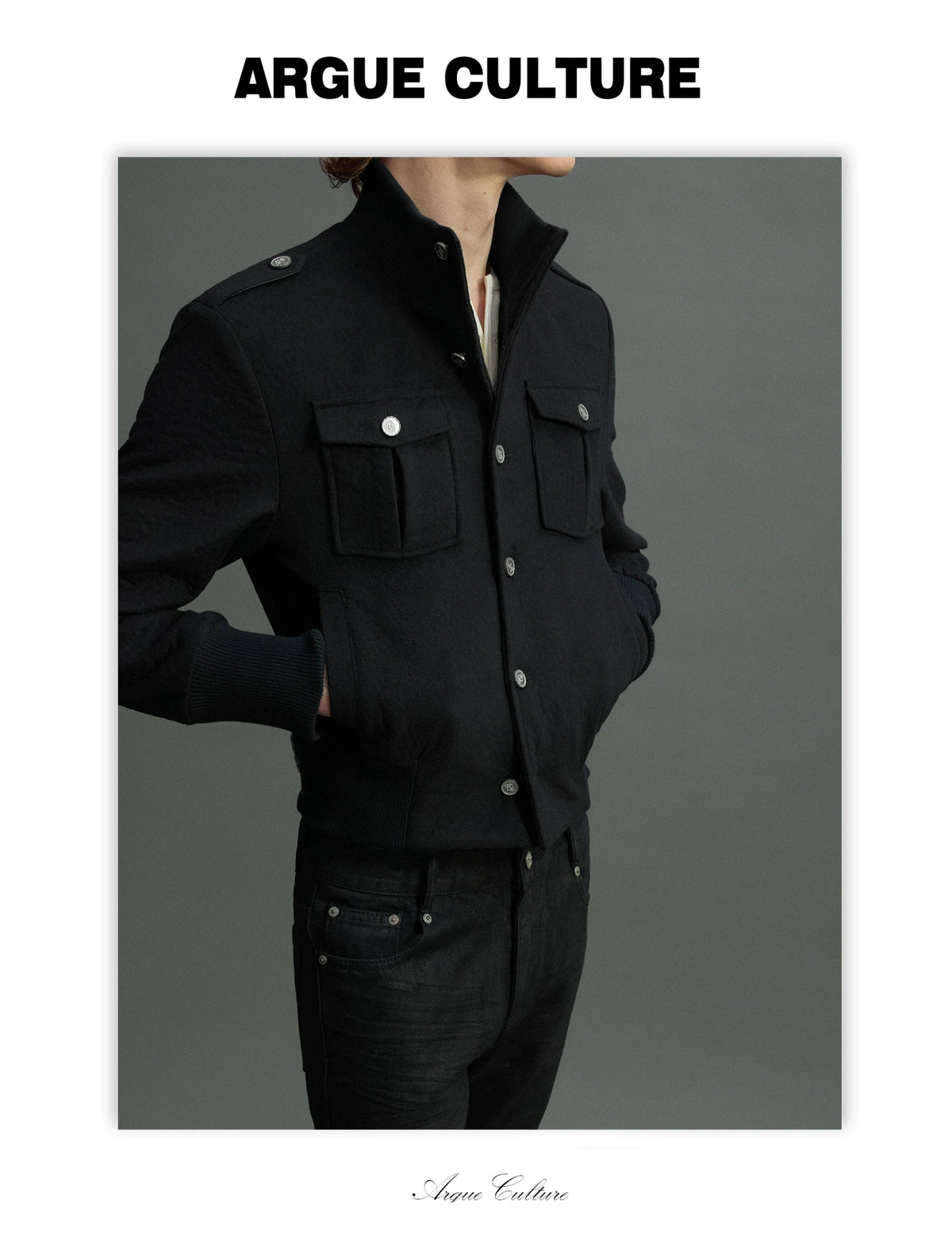 Granular Wool-Blend Military Stand-Collar Jacket, Black - detail image 2
