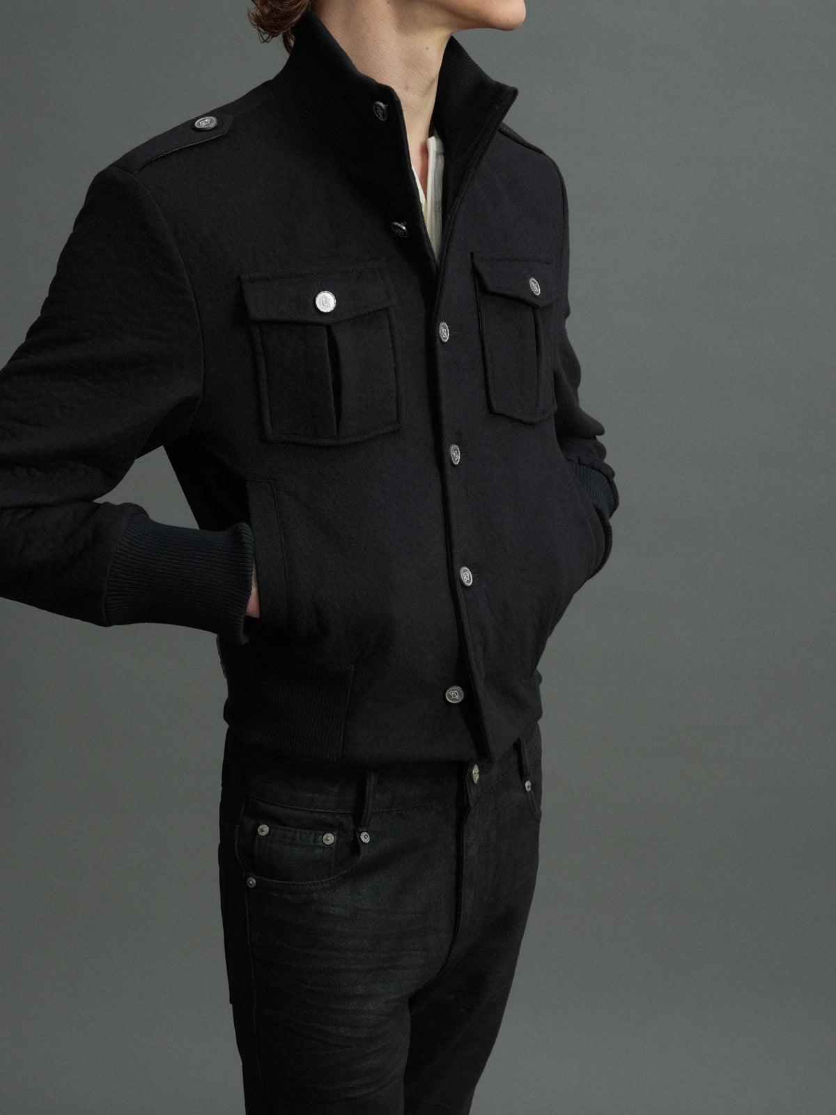 Granular Wool-Blend Military Stand-Collar Jacket, Black - main image 4