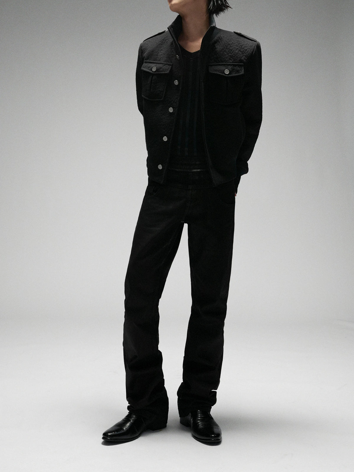 Granular Wool-Blend Military Stand-Collar Jacket, Black - main image 2