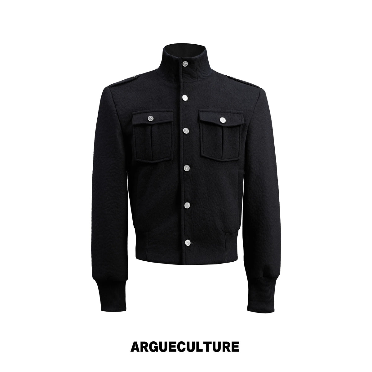 Granular Wool-Blend Military Stand-Collar Jacket, Black - Black