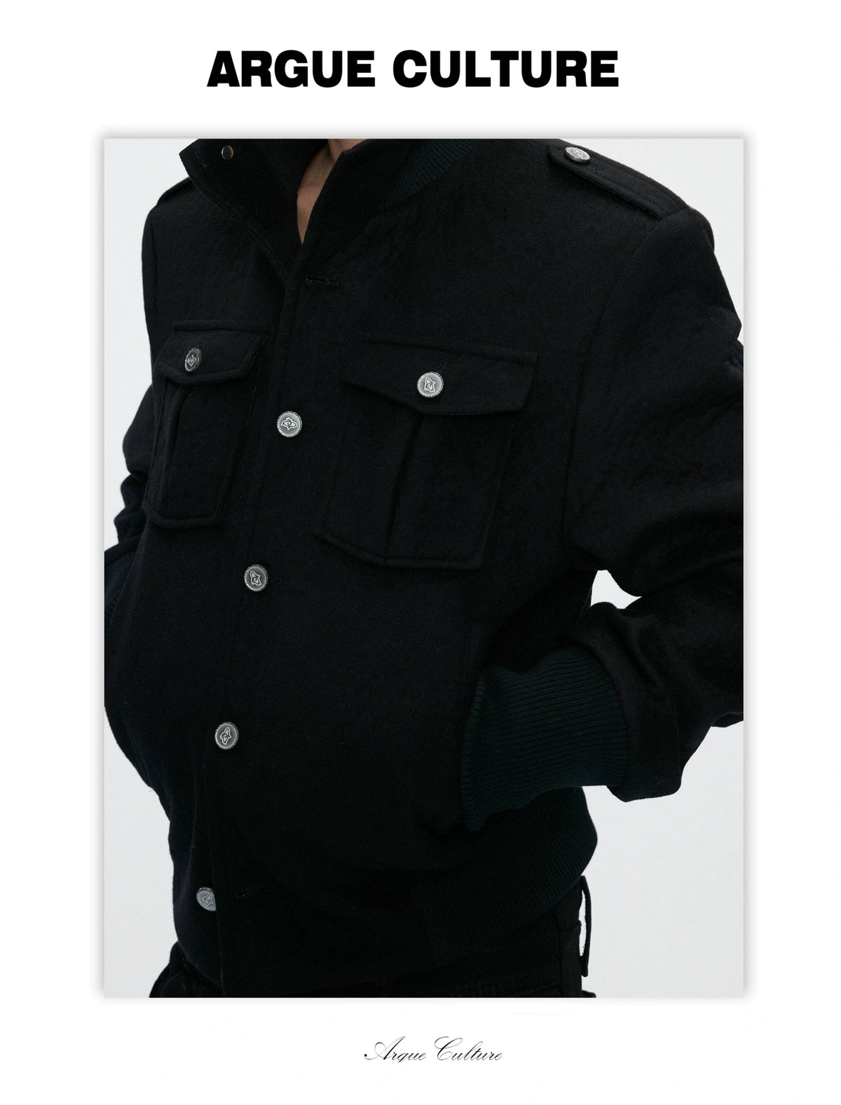 Granular Wool-Blend Military Stand-Collar Jacket, Black - detail image 13