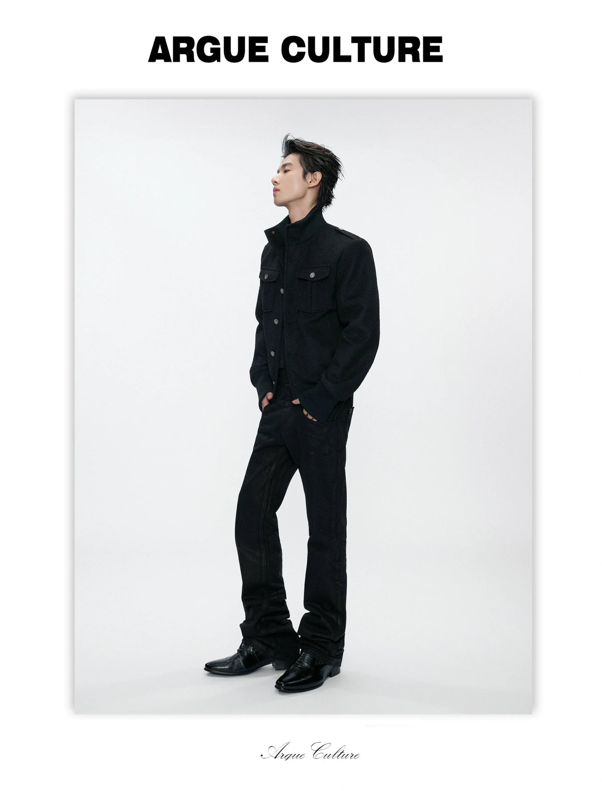 Granular Wool-Blend Military Stand-Collar Jacket, Black - detail image 6