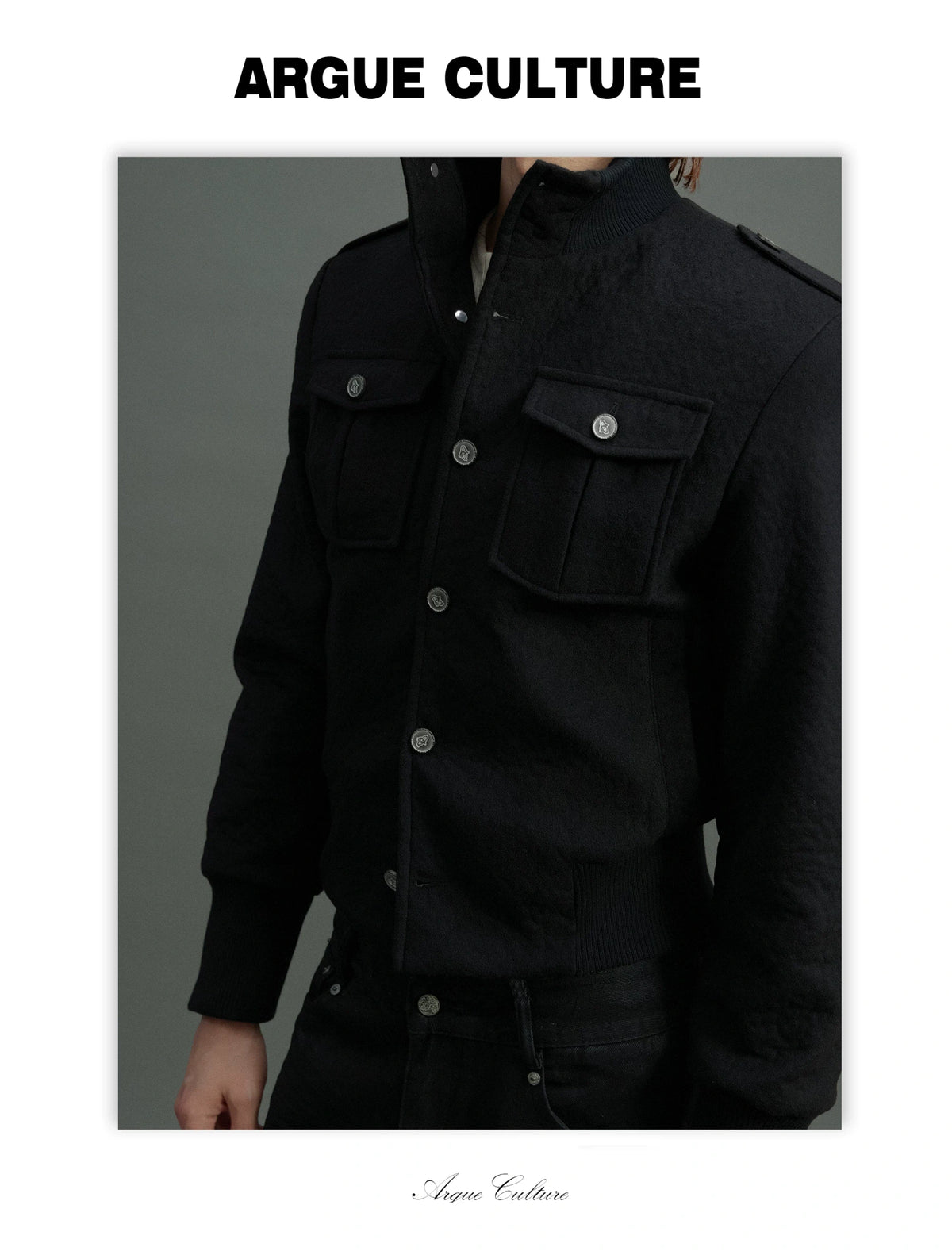 Granular Wool-Blend Military Stand-Collar Jacket, Black - detail image 10