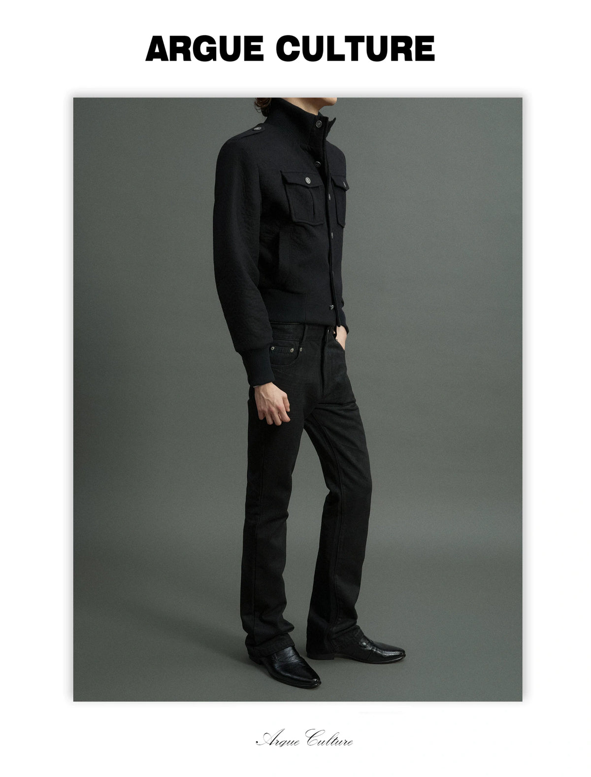 Granular Wool-Blend Military Stand-Collar Jacket, Black - detail image 8