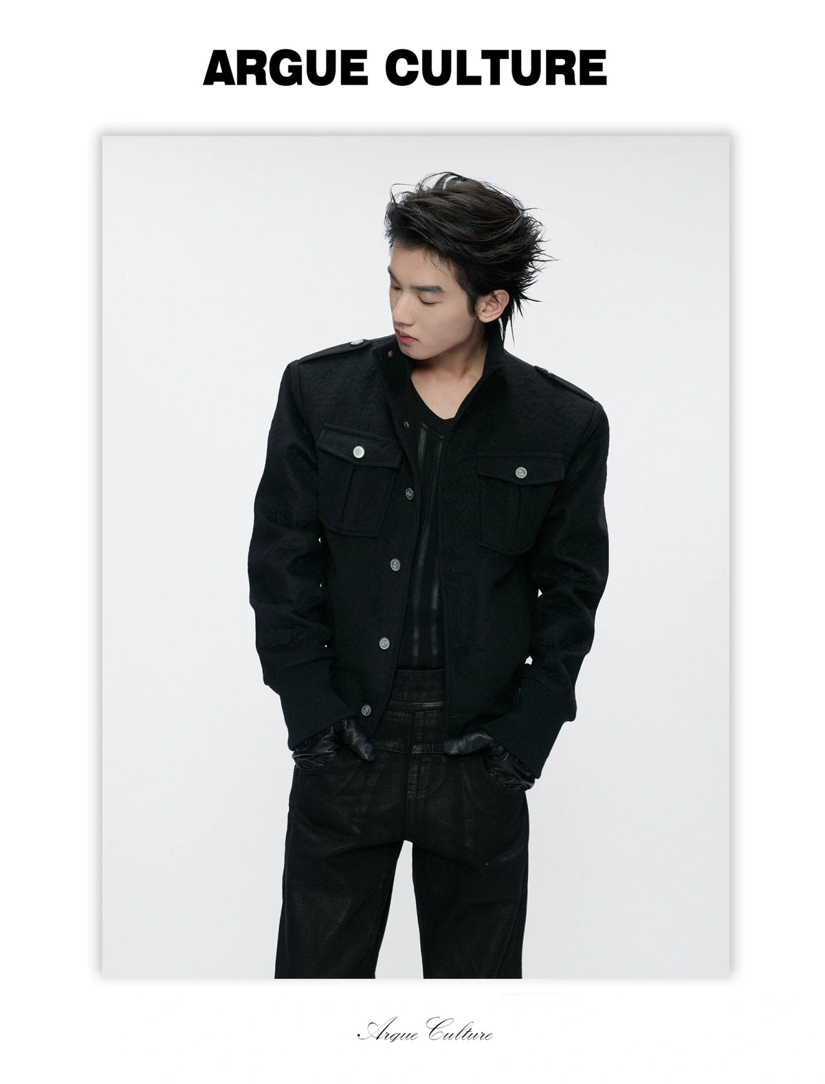 Granular Wool-Blend Military Stand-Collar Jacket, Black - detail image 7