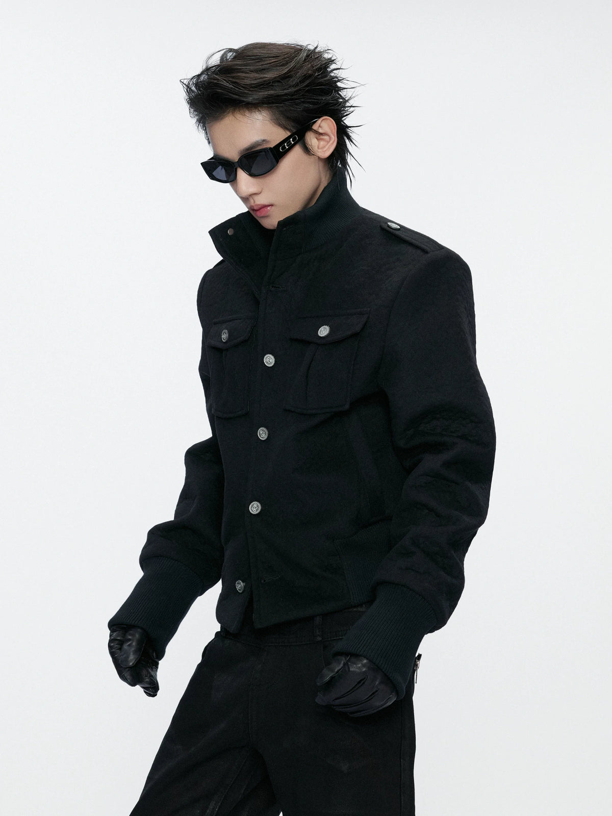 Granular Wool-Blend Military Stand-Collar Jacket, Black - main image 3
