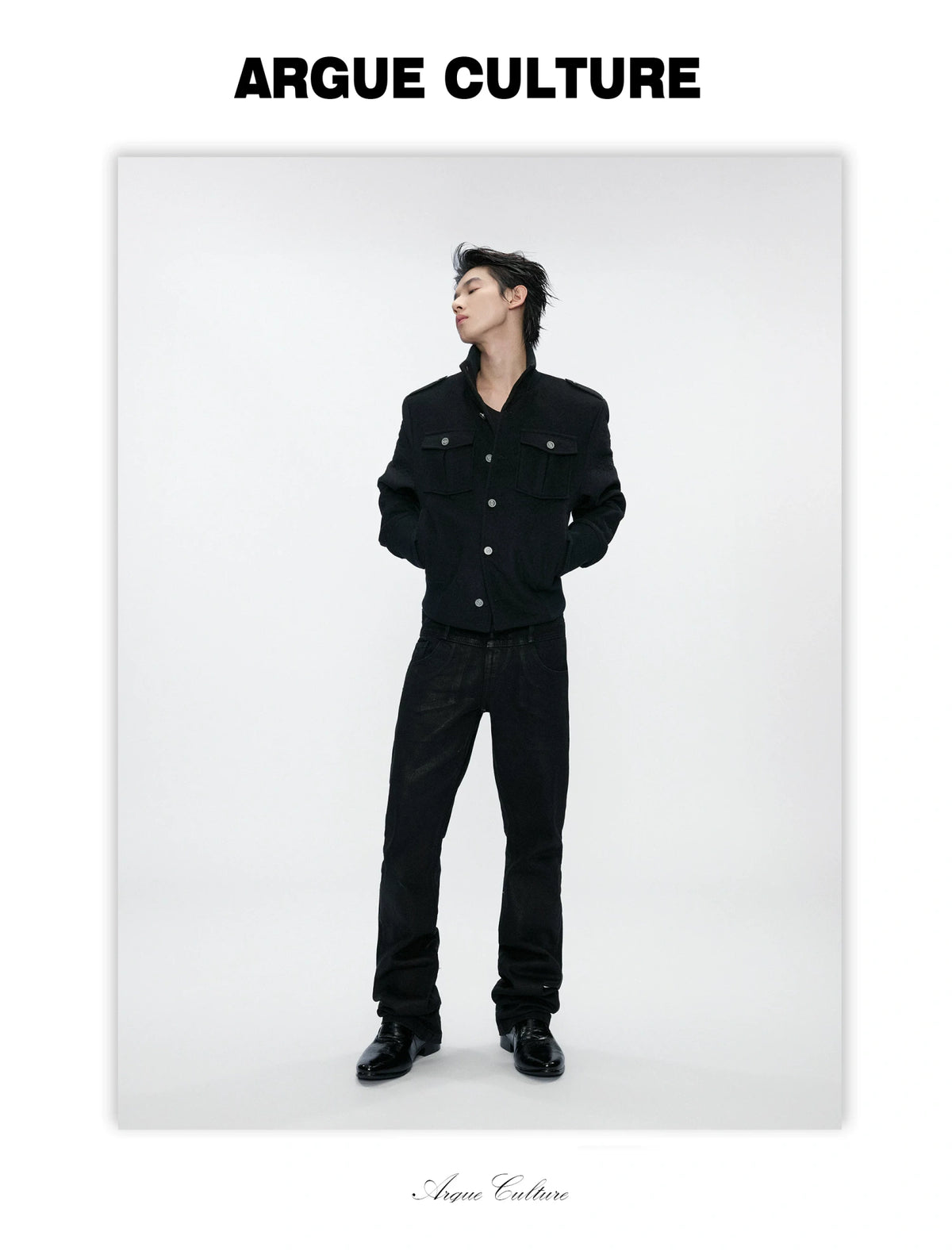 Granular Wool-Blend Military Stand-Collar Jacket, Black - detail image 4