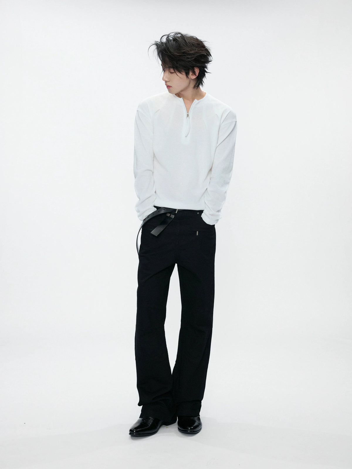 Half-Zip Henley Pleated Fitted Long-Sleeve Shirt - main image 4