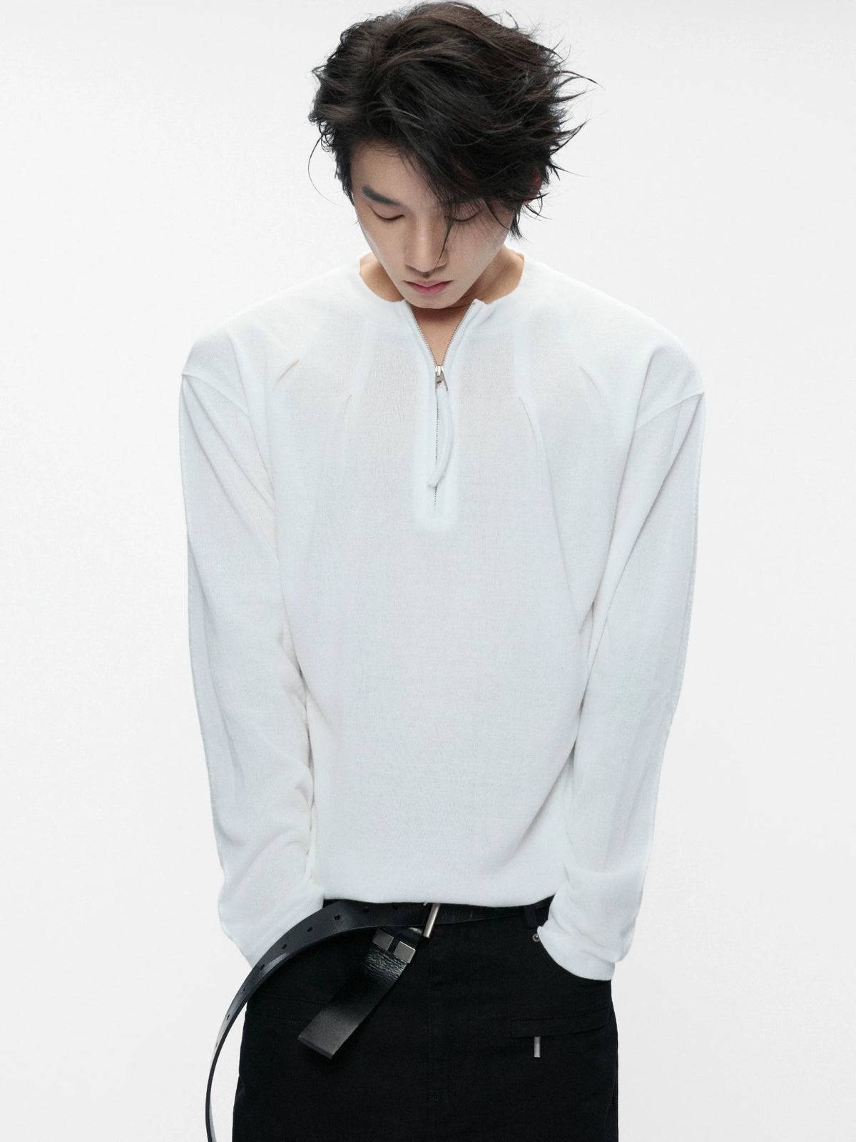 Half-Zip Henley Pleated Fitted Long-Sleeve Shirt - main image 5