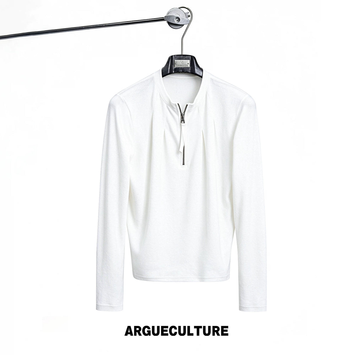 Half-Zip Henley Pleated Fitted Long-Sleeve Shirt - White