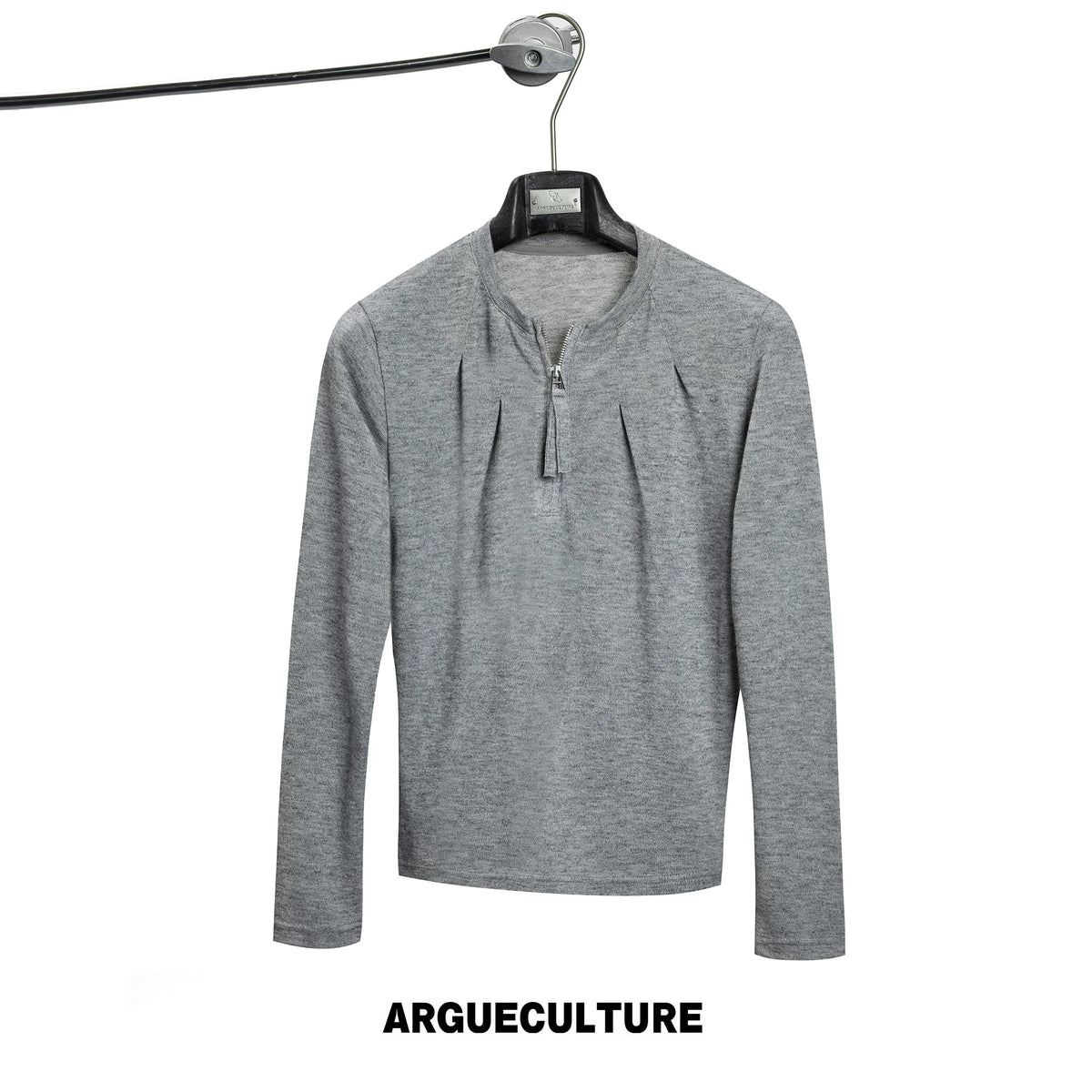 Half-Zip Henley Pleated Fitted Long-Sleeve Shirt - Gray