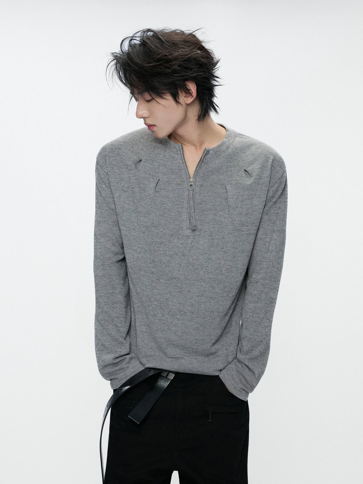 Half-Zip Henley Pleated Fitted Long-Sleeve Shirt - main image 3