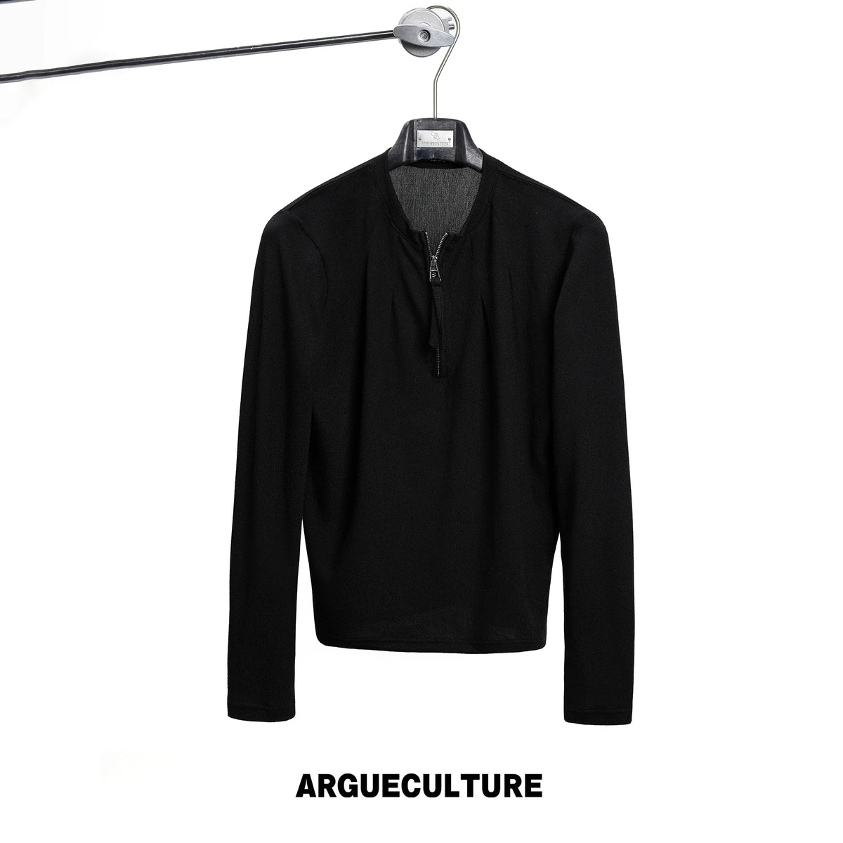 Half-Zip Henley Pleated Fitted Long-Sleeve Shirt - Black