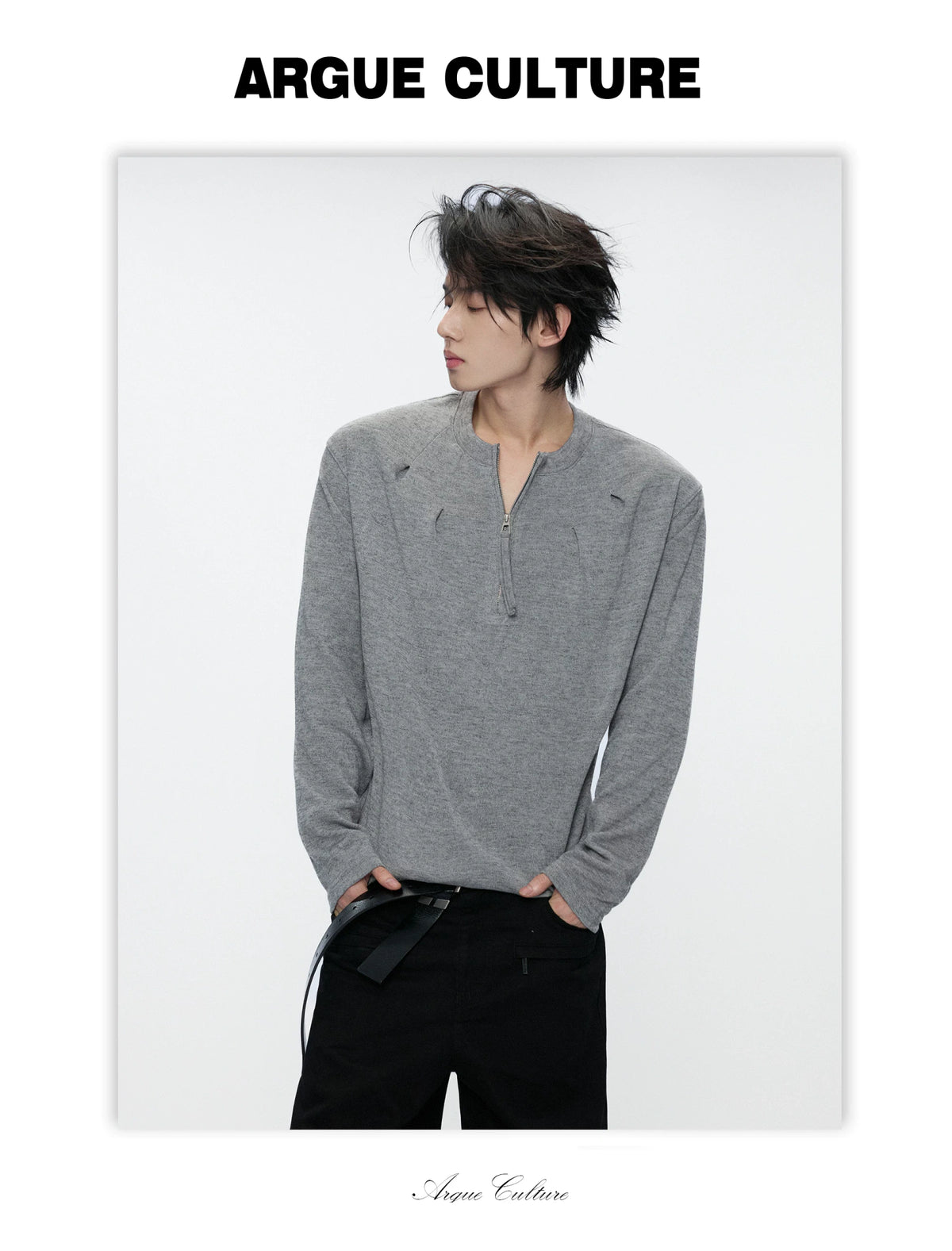 Half-Zip Henley Pleated Fitted Long-Sleeve Shirt - detail image 3