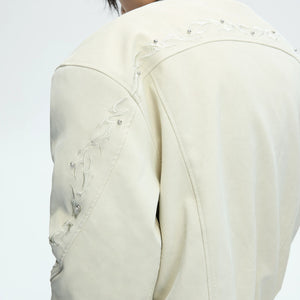 Front view of red oversized deconstructed leather jacket for winter