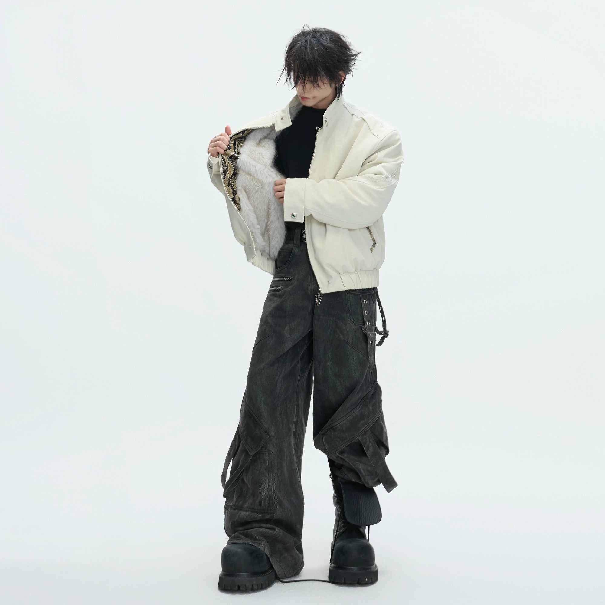 Interior view showing the thick faux wolf fur lining of the jacket