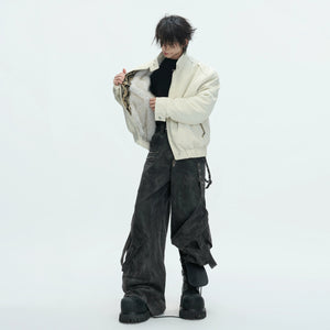 Interior view showing the thick faux wolf fur lining of the jacket