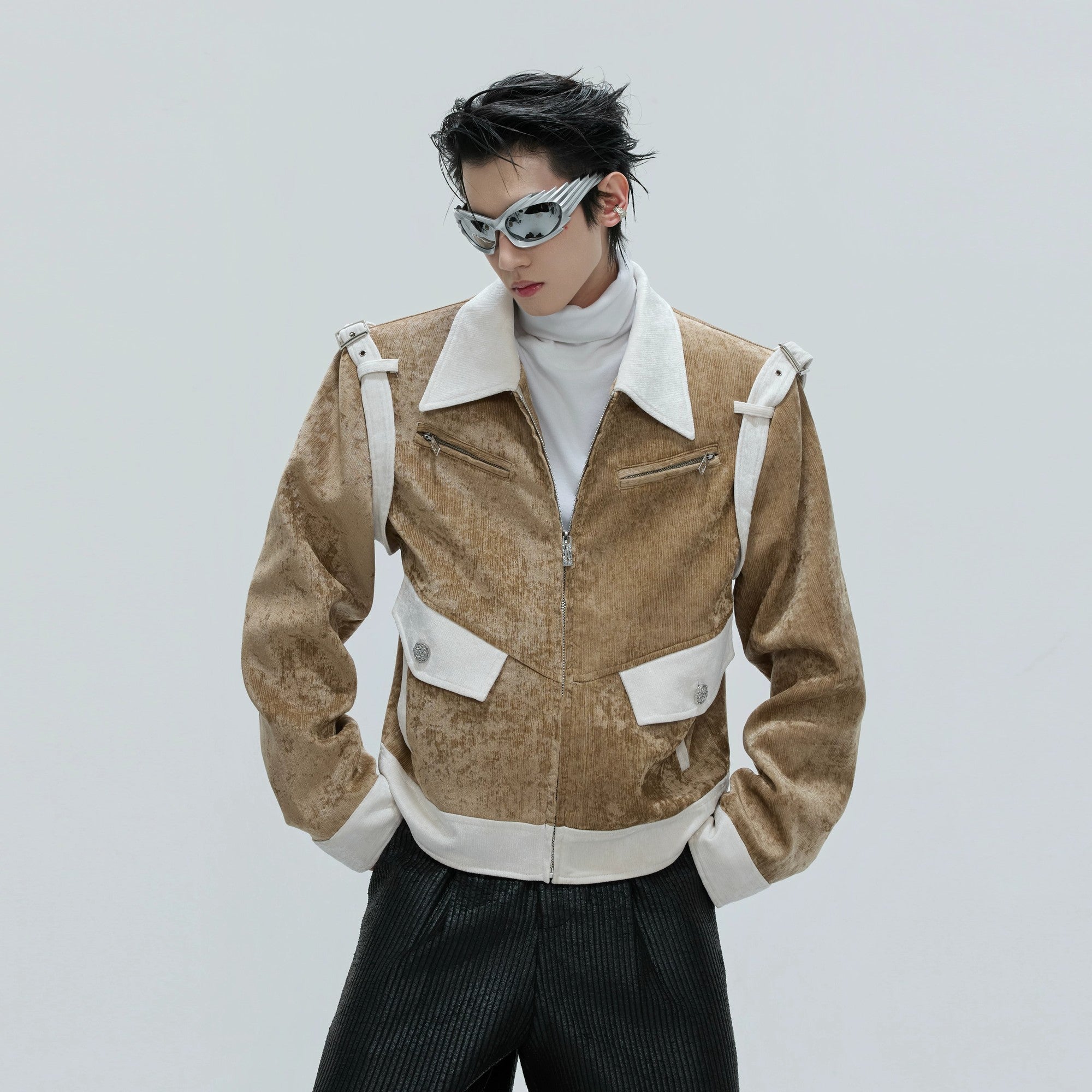 Front view of the heavy silk velvet contrast cropped jacket in white and brown.