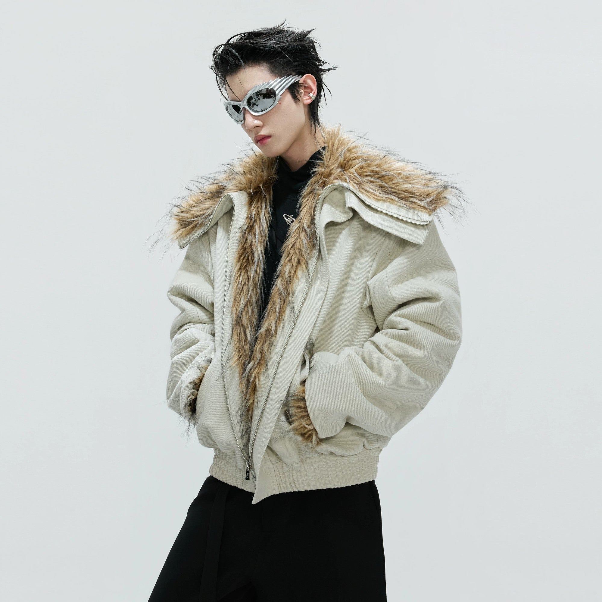 Front view of the white heavy washed boxy fur collar jacket