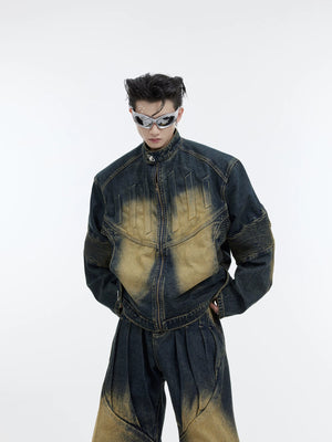 Heavyweight deconstructed denim jacket and pants set in blue vintage wash