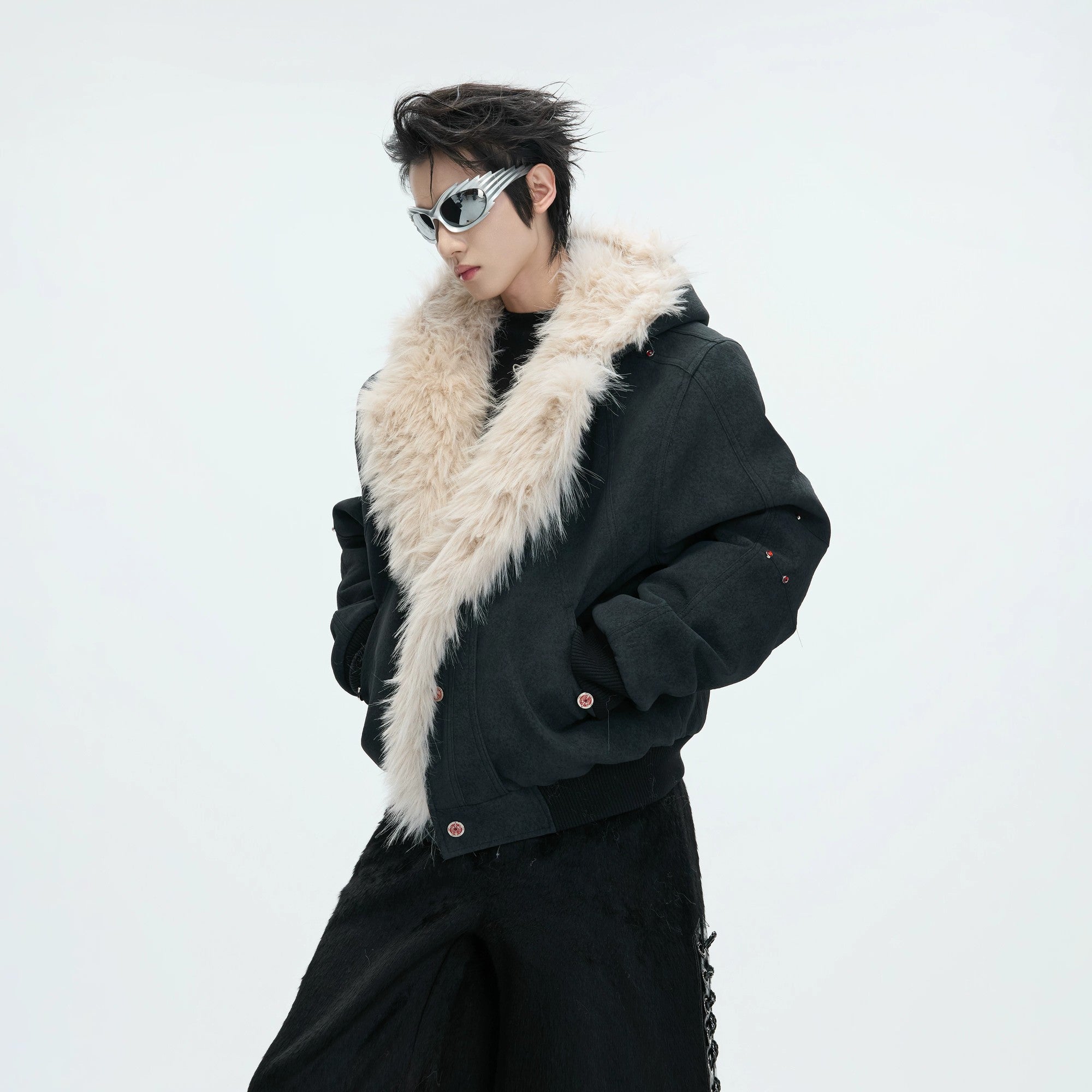 Signature red metal buttons on premium vegan leather jacket